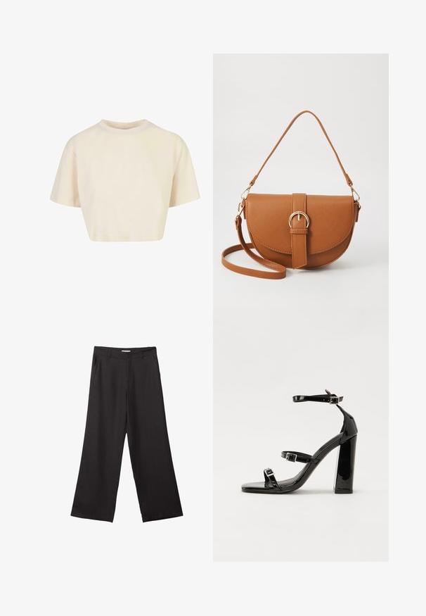 Kurzes T-Shirt aus weichem Stoff, mit kurzen Ärmeln, Rundhalsausschnitt und in einer hellbeigen Farbe mit glatter Textur.; Schwarze weite Hosen aus glattem Stoff, mit einem Reißverschluss vorne und zwei seitlichen Taschen, maßgeschneiderter Passform und minimalistischem Design.; Schwarze patentierte Sandalen mit Absatz, quadratischer Spitze, Knöchelriemen und silbernen Schnallen. Mit einem stabilen Blockabsatz für mehr Stabilität.; Braune Leder-Crossbody-Tasche mit geschwungener Form, goldfarbenen Beschlägen und einer Schnallenakzentuierung. Verfügt über einen abnehmbaren Schultergurt.