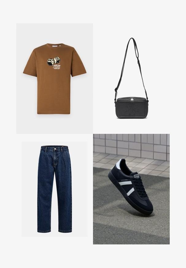 Musta puuvillapaita rentoa istuvuutta, jossa on grafiikka kahdesta noppasta ja niiden alapuolella teksti "Feelin' Lucky" valkoisena.; Tummansininen farkkushortsit suoralla lahkeella. Ominaisuuksiin kuuluvat näkyvät saumat, napitus ja etulaskokset lisäyksinä.; Mustat nahkakengät valkoisilla raidoilla, teksturoitu kumipohja ja nauha edessä. Varustettu merkkitarralla kielen päällä.; Musta nahkainen olkalaukku vetoketjulla, etuosassa kohoamalla painettu logo ja säädettävä hihna. Sujuva pinta ja suorakulmainen muoto.