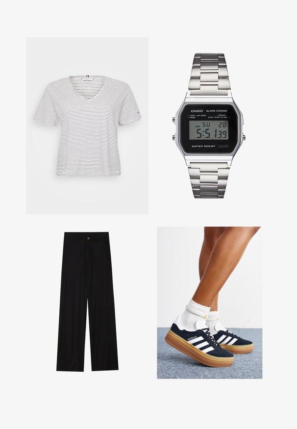 Pruhované tričko s krátkym rukávom a výstrihom do V. Vyrobené z ľahkého bavlneného materiálu, s horizontálnymi čiernymi a bielymi pruhmi a voľným strihom.; Široké čierne nohavice vyrobené z hladkej tkaniny, so šikmými prednými vreckami a gombíkovým zapínaním v páse. Minimalistický dizajn bez vzorov.; Čierne semišové tenisky s bielymi pruhmi a detailmi, so zaoblenou špičkou, podrážkou z gumovej gumy, doplnené bielymi rebrovanými ponožkami.; Digitálne hodinky Casio s čiernym ciferníkom, strieborným nerezovým remienkom, obdĺžnikovým puzdrom a tlačidlami na svetlo, resetovanie kola a úpravy režimu.