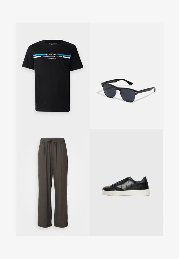 Camiseta de algodón negra con cuello redondo, mangas cortas y un estampado gráfico en blanco y azul que dice "ESTABLECIDO DOS MIL SIETE."; Pantalones de pierna ancha en gris oscuro con cintura ajustable, hechos de una tela suave y texturizada, que cuentan con puños enrollados en los tobillos.; Zapatillas negras con parte superior de cuero con textura de cocodrilo en relieve, puntera redondeada y una suela de goma blanca contrastante con un acabado suave.; Gafas de sol negras con forma rectangular, lentes oscuros, detalles plateados en las patillas y un acabado mate en la montura.