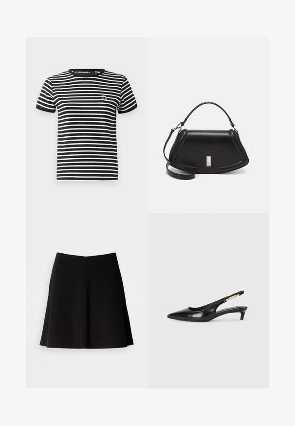 Musta ja valkoinen vaakaraidallinen lyhythihainen paita, jossa on pieni kirjailtu kasvot aurinkolaseissa vasemmalla rintapielessä.; Mustassa leveässä hameessa on pehmeä kangas, jossa on muotoiltu vyötärö ja sauman yksityiskohtia. Sileä rakenne yksinkertaisella, klassisella muotoilulla.; Mustat nahkaiset slingback-korkokengät, joissa on terävä kärki, ohuet korot ja kultasävytteinen yksityiskohta säädettävässä hihnassa. Silkkinen pinta.; Mustalla nahkalaukulla, jossa on jämäkkä muotoilu, lyhyt malli, yläkahva ja kultaiset yksityiskohdat. Säädettävä olkahihna sisältyy.