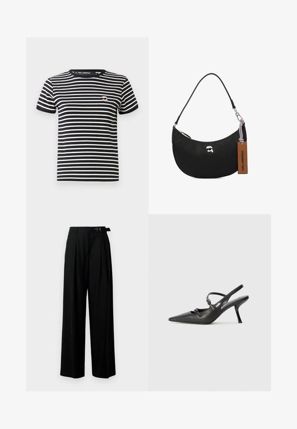 Juodas ir baltas horizontaliai dryžuotas trumpąsias rankoves marškiniai su mažu siuvinėtu veidu, nešiojančiu akinius, kairiajame krūtinės pusėje.; Juodos plačios kojų kelnės su aukštu liemeniu, priekinėmis klostėmis ir diržu su sagtimi. Pagamintos iš lygaus, lengvo audinio.; Juodi odiniai slingback kulniukai su smailiu pirštu, siauru kulnu ir dekoratyvine sagtimi viršuje. Lygus paviršius ir elegantiškas dizainas.; Juodas odinis rankinės su grublėta tekstūra, išlinkusia forma, viršutiniu užtrauktuku, sidabrinėmis detalėmis ir rudąja etiketė. Pabrėžtas logotipo akcentas.