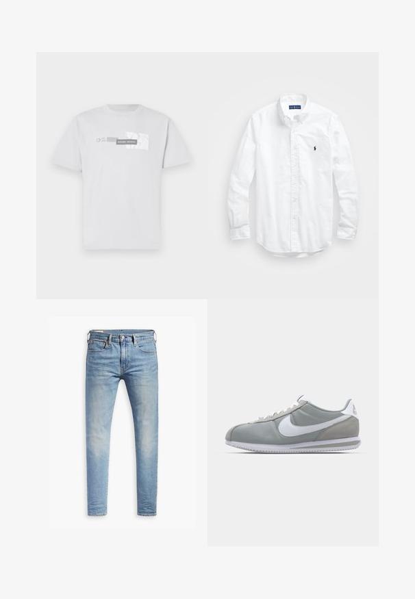 Bijela pamučna majica s grafičkim printom koji sadrži natpise "NORTHERN AESTHETICS" i "EST. 2007" u sivoj boji. Klasični okrugli izrez, kratki rukavi.; Bijela košulja dugih rukava s gumbima izrađena od pamuka. Ima klasični ovratnik, gumbaste manžete i mali brodasti logo u tamnoplavoj boji na prsima.; Svijetloplave uske traperice s laganim izblijedjenjem na bedrima, prednje kopčanje na dugme, petlje za remen i pet džepova na bijeloj pozadini.; Sive sportske tenisice s gornjim dijelom od antilopa i tekstila, bijelim Nike swooshom i bijelim vezicama. Imaju teksturirani gumeni đon i podstavljeni ovratnik.