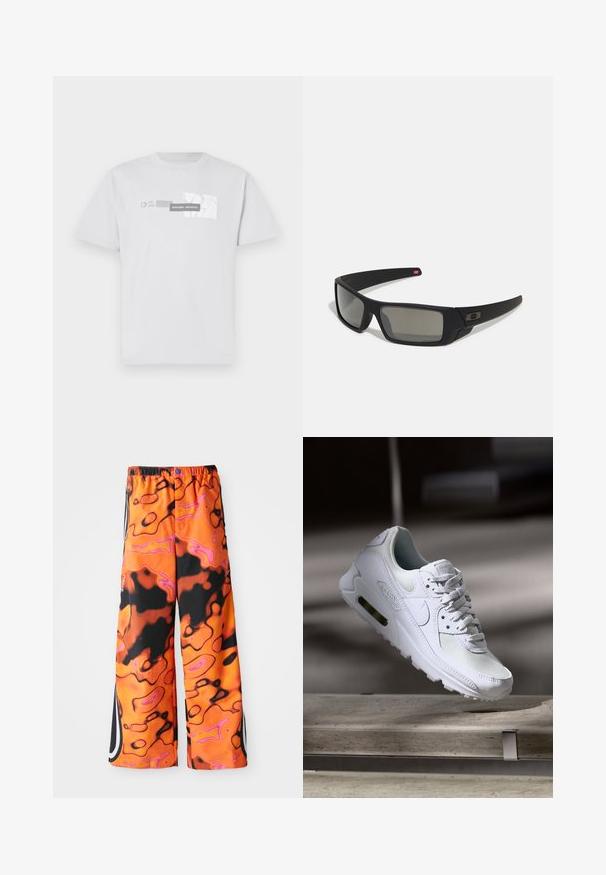 Weißes Baumwoll-T-Shirt mit Grafikdruck "NORTHERN AESTHETICS" und "EST. 2007" in Grau. Klassischer Rundhalsausschnitt, kurze Ärmel.; Lockere Hosen mit einem lebhaften orangefarbenen, schwarzen und pinken abstrakten Wirbelmuster, elastischem Bund, seitlichen Streifen und Knopfverschluss.; Weiße Nike Air Max 90 Sneaker mit einem Obermaterial aus Mesh und Leder, durchlässigem Zehenbereich und einer sichtbaren Air-Einheit in der Ferse.; Schwarze Sonnenbrille mit matter Oberfläche, rechteckigen Gläsern, leichtem Bogen an den Schläfen, dezentem Logo-Detail und rauchgetönten Gläsern.