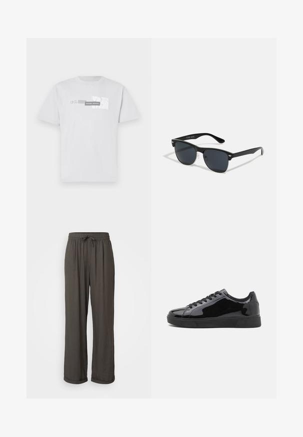 Hvit bomull t-skjorte med grafisk trykk med "NORTHERN AESTHETICS," og "ETABLERT 2007" i grått. Klassisk rund hals, korte ermer.; Mørkegrå vide bukser med snor i taljen, lavet af et blødt, struktureret stof, der har opsmøgede manchetter ved anklerne.; Sorte lakk lær sneakers med rund tå, flat gummisåle og svarte lisser. Glatt, skinnende tekstur på overflaten.; Sorte solbriller med rektangulær form, mørke linser, sølvfargede detaljer ved templene, og en matt finish på rammen.
