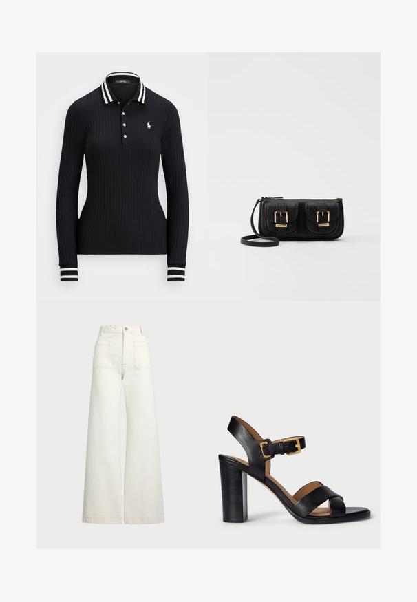 Svart ribbestrikket langermet polo-skjorte med hvitstripet krage, tre-knappslå og en liten brodert logo på brystet.; Vidde bukser i off-white denim. Høyt liv-design med knappelukking, to frontlommer og kontrastsøm detaljer.; Svarte lær hæler med krysset stroppdesign og spenning. Har en kraftig hæl og glatt tekstur.; Svart skinn crossbody veske med to frontlommer, gyldne spenner, glidelåslukking og en slank stropp. Teksturert overflate og kompakt rektangulær form.