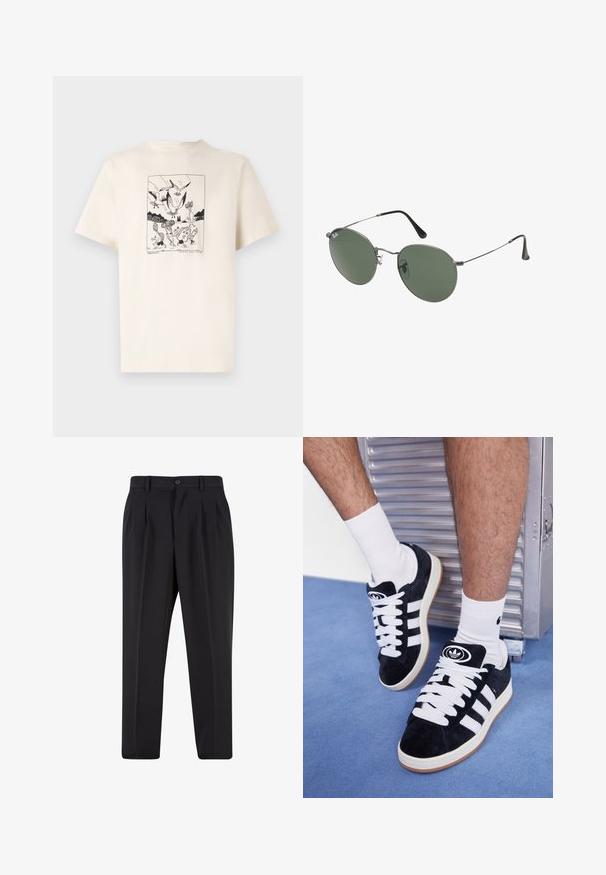 Kremna bombažna majica s kratkimi rokavi, ki na sprednji strani vsebuje črn grafični tisk ptic in figur v obrobljenem dizajnu.; Črne hlače z nabranim sprednjim delom, narejene iz gladkega materiala. Imajo gumbasto zapiranje in zanke za pas; ravne hlačnice.; Črne semiš teniske z belimi vezalkami in tremi belimi črtami. Imajo okroglo črno oznako na jezičku in gumijast podplat.; Sončna očala z ovalnimi zelenimi lečami v kovinskem okvirju. Tanjši srebrni kovinski okvir in črne ušesne konice. Minimalistična zasnova, brez vidnih logotipov.