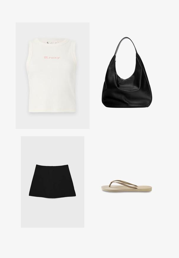 Valkoinen ribattu toppi, jossa on pyöreä kaula-aukko ja pieni vaaleanpunainen "Roxy" -logo rinnassa. Sujuva pinta, tiukka malli, ei hihoja.; Mustat mini-hameet, joissa on sileä rakenne, A-linjainen muoto ja kaareva helma. Takana on vetoketju kiinnitystä varten, ei lisäkuvioita tai koristeita.; Vaaleanbeige flip-flop, jossa on teksturoitu pohja, litteä pohja ja ohuet, kiiltävät hihnat. Hihnassa on hienovarainen brändäys.; Musta nahkainen hobo-laukku, jossa on löysä muotoilu, leveä olkahihna ja sileä pinta. Sisältää yhden vetoketjukiinnityksen sivussa.