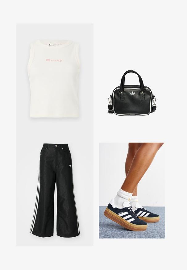 Hvid ribbet tanktop med rund halsudskæring og et lille lyserødt "Roxy" logo på brystet. Glat tekstur, tætsiddende design, uden ærmer.; Sorte vide denim bukser med tre hvide striber på hver side og et lille hvidt logo. Indeholder forlommer og en knaplukning.; Sorte sneakers i ruskind med hvide striber og detaljer, rundet tå, ydersål i gummi, kombineret med hvide ribstrikkede crew sokker.; Sort læderhandtaske med to korte håndtag, sølvhardware, hvide accenter og et hvidt logo. Har en struktureret overflade og et kompakt design.