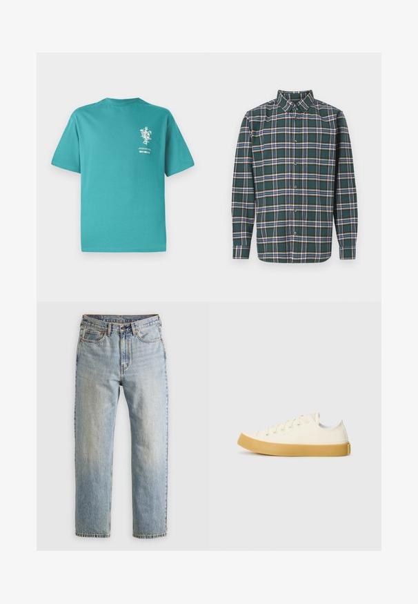 Τιρκουάζ βαμβακερό μπλουζάκι με κοντά μανίκια, στρογγυλή λαιμόκοψη και εκτύπωση γραφικών με λουλούδια και κείμενο μπροστά. Λείος υφασμάτινος χαρακτήρας, χαλαρή εφαρμογή.; Πράσινο φλις πουκάμισο με καρό μοτίβο που περιλαμβάνει μπλε, λευκές και μουσταρδί γραμμές. Κουμπωτό μπροστινό μέρος και μυτερός γιακάς. Μακριά μανίκια.; Ανοιχτού μπλε τζιν παντελόνι με ψηλή μέση, μπροστινό κουμπί, φερμουάρ και σχεδίαση πέντε τσέπες, τοποθετημένο επίπεδα σε ουδέτερο φόντο.; Καμβάς αθλητικά παπούτσια σε εκρού απόχρωση με στρογγυλή μύτη, διαθέτοντας μπεζ λάστιχα σόλες και πέντε οπές για κορδόνια, με υφή στην επάνω επιφάνεια.
