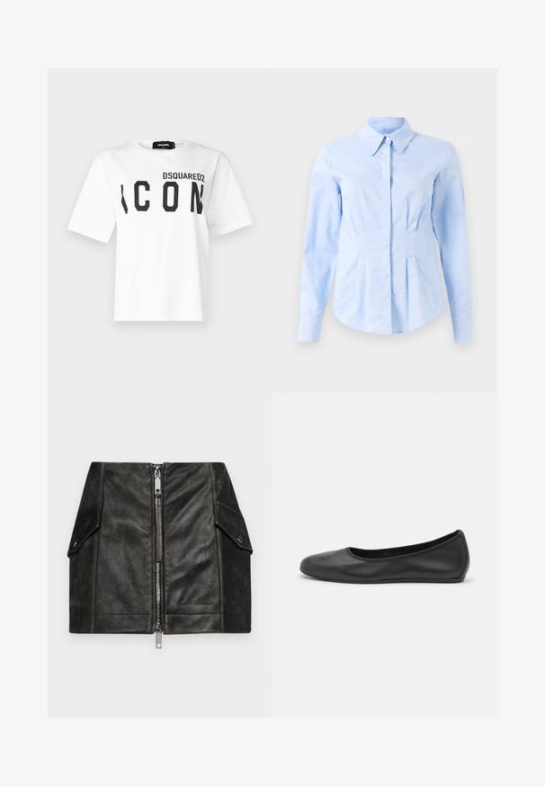 White cotton t-shirt featuring a round neckline and short sleeves. Black "DSQUARED2" and "ICON" printed on the front in bold uppercase letters.; Light blue long-sleeve fitted shirt with pointed collar and concealed front buttons, tailored waist, and buttoned cuffs.; Black leather mini skirt with a front zipper, two side pockets, and a smooth texture. Features reinforced seams and a structured design.; Black leather ballet flat with a rounded toe, smooth texture, minimal stitching detail, and a flexible sole design.