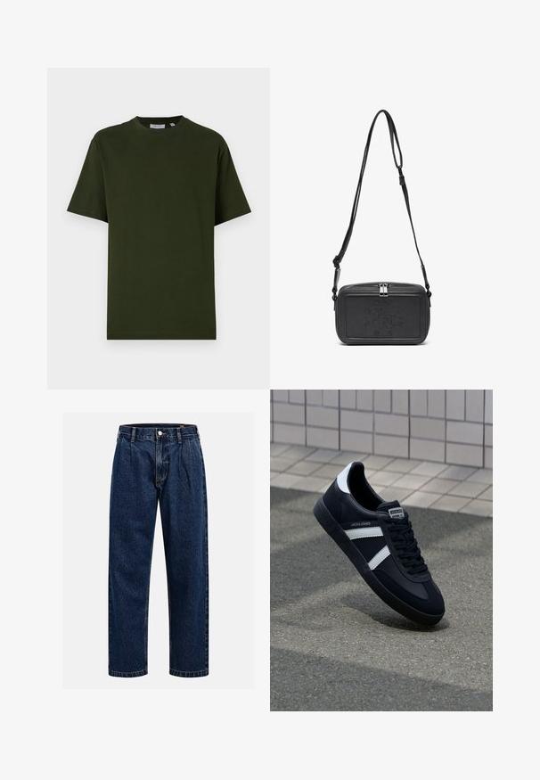 Tumši zaļš, īsām piedurknēm T-krekls, izgatavots no kokvilnas. Apaļš kakls, brīvs piegriezums un gluda tekstūra bez redzamām rakstām un akcentiem.; Tumši zilie džinsu bikses ar taisna kāju dizainu. Iezīmējas redzamas šuves, pogu aizdare un priekšējie gurni papildu detaļām.; Melnā ādas sporta apavi ar baltām svītrām, teksturēta gumijas zole un auklu aizdare. Iekļauj zīmola etiķeti uz mēles.; Melna ādas soma uz pleca ar zīmolu, slēdzamu rāvējslēdzēju un regulējamu siksnu. Gluda tekstūra un taisnstūru forma.