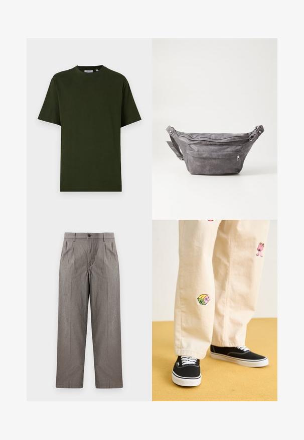 Dunkelgrünes, kurzärmeliges T-Shirt aus Baumwolle. Rundhalsausschnitt, lässige Passform und glatte Textur ohne sichtbare Muster oder Akzente.; Grau Hahnentrittmuster-Hosen mit geradem Bein, ausgestattet mitFalten, einem Bund mit Knopfverschluss und Seitentaschen.; Beige Baumwollhosen mit verspielten, gestickten Motiven, darunter eine pinke Figur und bunte Blöcke, kombiniert mit schwarzen Schnürsneakern.; Graue Wildleder-Gürteltasche mit runder Form, zwei mit Reißverschluss verschlossenen Fächern und verstellbarem Trageriemen. Mit metallischen Hardware-Akzenten.