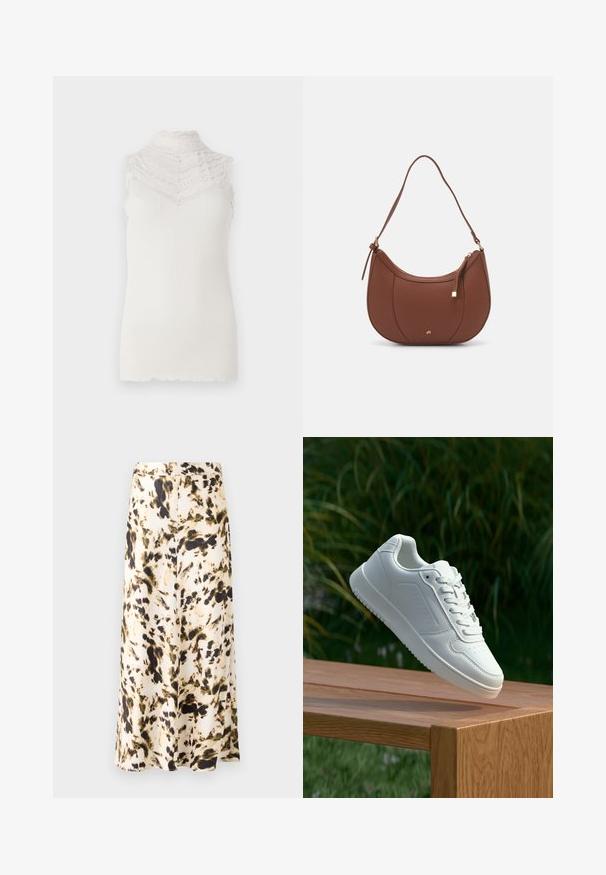 Bezramenný bílý top s vysokým krajkovým límcem s vlnitými okraji, ribbovanou strukturou a přiléhavým střihem.; Sukně ke kolenům z lehkého materiálu s abstraktním vzorem v béžové, hnědé a zelené. Má přiléhavý pás a splývavý design.; Bílé tenisky s hladkým syntetickým svrškem, perforovanou špičkou, plochými tkaničkami a texturovanou podrážkou, vystavené na dřevěném povrchu.; Hnědá kabelka přes rameno z umělé kůže s zakřiveným tvarem, minimálním prošíváním a zlatým kovovým akcentem. Disponuje vrchním zipovým uzavíráním a nastavitelným popruhem.