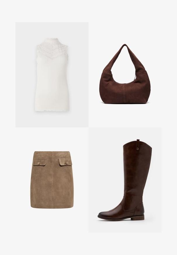 Bezramenný biely top s vysokým čipkovým golierom so zúbkovanými okrajmi, ryhovanou textúrou a priliehavým strihom.; Hnedá semišová mini sukňa s hladkou textúrou, ktorá má dva predné vrecká s klopou a gombíkové zapínanie na každej strane. Jednoduchý, rovný dizajn.; Hnedé čižmy po kolená vyrobené z hladkej kože, s okrúhlou špičkou, nízkym zúženým podpätkom a jemným prešívaním pozdĺž strán.; Hnedá semišová hobo taška so zakrivenou, širokou rukoväťou a veľkým otvorom. Mäkka textúra s viditeľným prešitím pozdĺž okrajov.