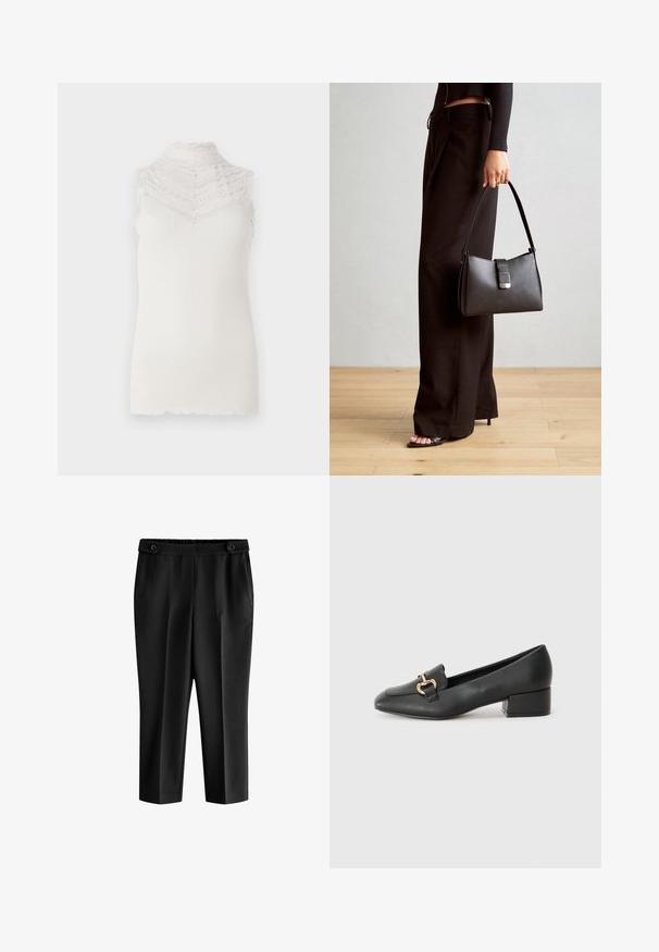 Top alb fără mâneci, cu un guler înalt din dantelă cu margini ondulate, textură canelată și o siluetă ajustată.; Pantaloni scurți negri cu un croi relaxat, talie elastică și două buzunare frontale. Țesătura are o textură netedă cu un finisaj ușor lucios.; Loaferi negri din piele, cu toc plat, având un detaliu decorativ din hardware auriu în față și o textură netedă.; Genți negre cu o formă structurată, textură netedă și un închizător metalic. Asortată cu pantaloni negri largi și sandale cu vârf deschis pe un podea din lemn.