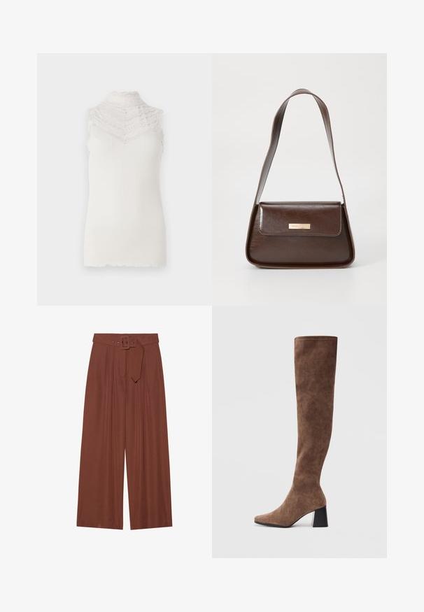 Ujjatlan fehér felső, magas csipke gallérral, hullámos széllel, bordázott textúrával és testhezálló fazonban.; Barna anyagból készült, széles szárú nadrág, négyzet alakú csattal ellátott övvel, redők kialakítással és sima textúrával.; Barna, lábszárközépig érő csizmák puha velúrból, hegyes orral és vastag fekete sarkával. A design sima varrásokat tartalmaz az elegáns megjelenés érdekében.; Barna bőr válltáska, struktúrált formával, mágneses fedélzárral és fémből készült logóval az elején.