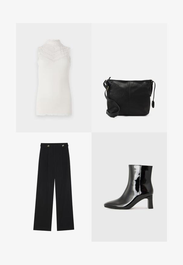 Ärmlös vit topp med hög spetskrage med vågiga kanter, ribbad textur och en figurnära silhuett.; Svarta vida byxor med hög midja, knäppdetaljer i midjan och framfickor.; Svart lackläder ankelboot med spetsig tå och en medelhög klack. Slät textur och minimalistisk design.; Svart läder crossbody-väska med en platt form, guldhardwaredetaljer och en justerbar rem. Slät textur med minimala sömnadsdetaljer.