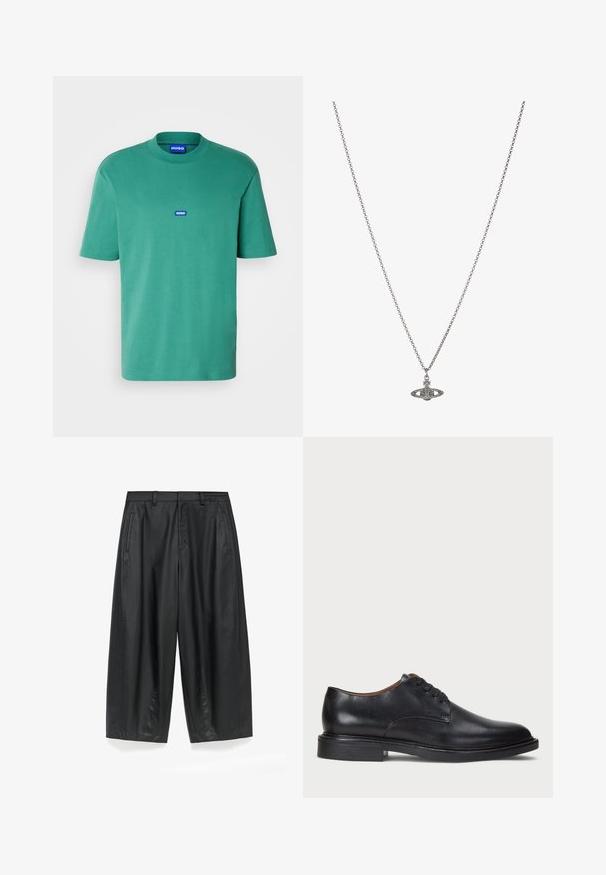 HUGO NIEROS zielony; Czarne szerokie spodnie z gładkiego, matowego materiału. Posiadają dopasowany pas, fałdy z przodu oraz boczne kieszenie.; Czarne skórzane buty wizytowe z okrągłym noskiem, sznurowanym zapięciem i niskim, warstwowym obcasem. Gładka faktura z minimalnymi detalami stębnowania.; Srebrny naszyjnik z łańcuchem z ozdobnym wisiorkiem w kształcie planety, zdobionym małymi akcentami i skomplikowanymi wzorami.