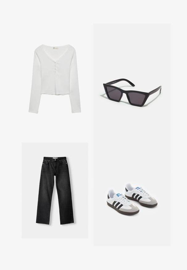 Witte lange mouw top met een V-hals, voorzien van knoopdetails en een geribbelde textuur, ontworpen voor een casual pasvorm.; Bershka Straight leg jeans - mottled dark grey; Sportschoenen met een witte leren bovenkant, grijze suède neus en drie zwarte strepen. Bevat een blauw logo op de tong en een gestructureerde rubberen zool.; Zwarte, hoekige zonnebril met grijze lenzen; gemaakt van plastic, met dikke armen met een gladde oppervlakte en zonder zichtbare hardware.