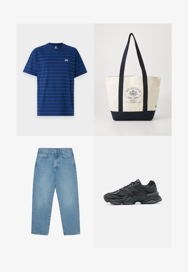 Navy blue cotton t-shirt with thin horizontal blue stripes. Features a crew neck and small white Nike SB logo on the left chest.; Light blue denim wide-leg jeans with a high waist, featuring five pockets, belt loops, and a soft, slightly faded texture.; Black running shoe featuring a mix of mesh and synthetic materials, chunky sole, curved design, and prominent branding on the side.; Canvas tote bag with navy handles and bottom. Features a circular logo with "New Era Cap Co" and text. Beige body, sturdy design.