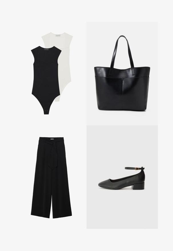 To bodysuits i svart og hvitt, med korte ermer, firkantet utringning, og et glatt, elastisk stoff med trykknapper nederst.; Svart vide bukser med teksturert stoff, elastisk midje og avtagbart belte som gir justerbar passform.; Sorte skinnpumper med spiss tå og lav blokkhelt. Har ankelrem med gullfarget spenne. Glatt tekstur.; Svart lær toteveske med to lange håndtak, en glatt tekstur og en strukturert form. Har en frontlomme for ekstra oppbevaring.