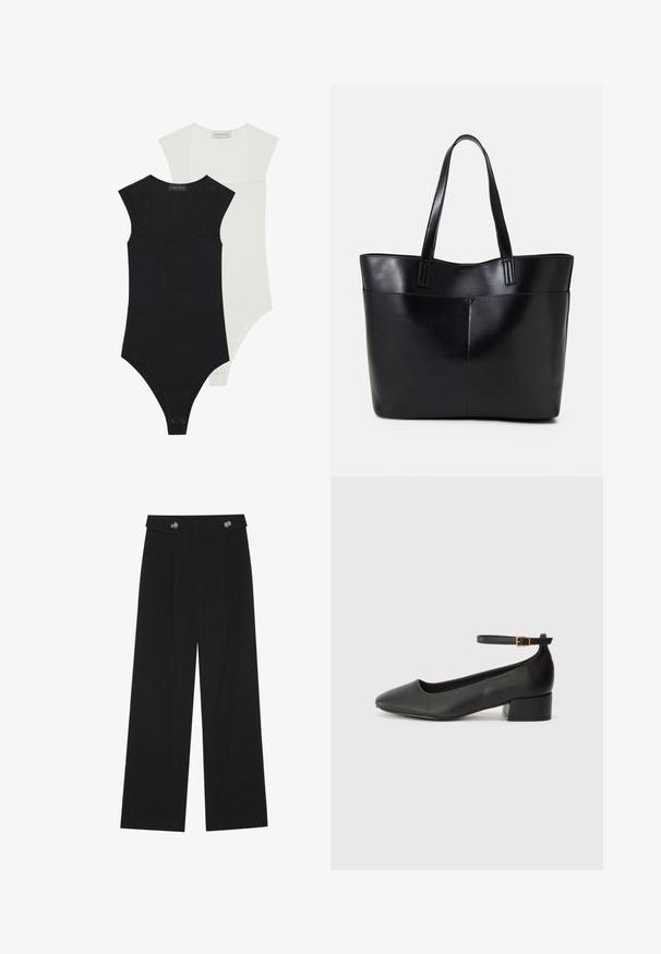 Zwei Bodysuits in Schwarz und Weiß, mit kurzen Ärmeln, einem quadratischen Ausschnitt und einem glatten, dehnbaren Stoff mit Druckknöpfen im unteren Bereich.; Schwarze weite Hosen mit hoher Taille, Knopfdetails am Bund und vorderen Falten.; Schwarze Lederpumps mit spitzem Zehenbereich und niedrigem Blockabsatz. Mit einem Knöchelriemen und einer goldfarbenen Schnalle. Glatte Textur.; Schwarze Leder-Shopper-Tasche mit zwei langen Griffen, einer glatten Textur und einer strukturierten Form. Verfügt über eine Vordertasche für zusätzlichen Stauraum.