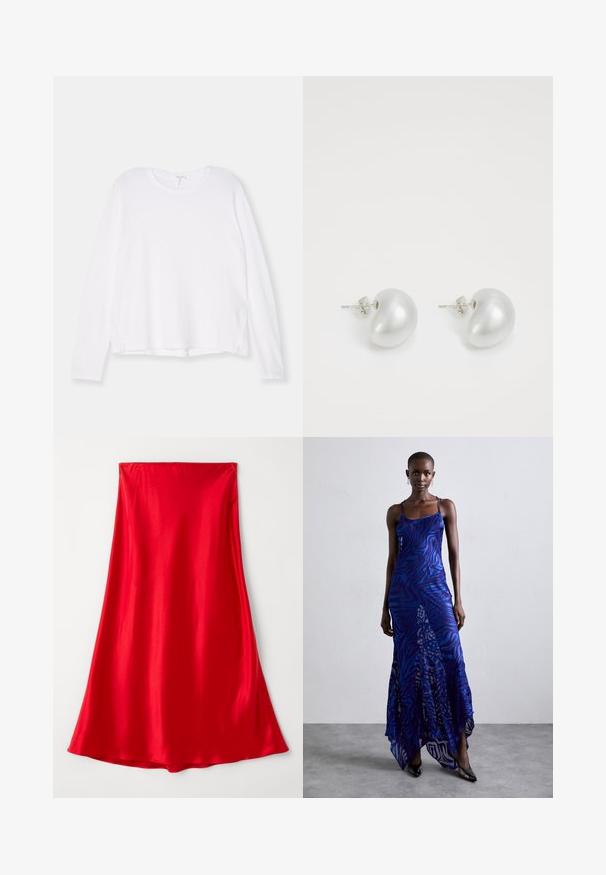 Chemise blanche à manches longues, en tissu doux, avec un col rond, une coupe décontractée et des fentes sur les côtés à l'ourlet pour faciliter les mouvements.; Jupe en satin rouge avec une texture lisse, pleine longueur, et un design fluide s'effilant au niveau de l'ourlet. Couleur unie et simple sans ornements.; Robe maxi à imprimé animal bleu et violet avec de fines bretelles, un corsage ajusté, un ourlet évasé et des détails en superposition transparente.; Boucles d'oreilles en perles argentées avec une forme incurvée en haricot. Surface lisse et brillante, maintenues par une fermeture à tige et à dos.