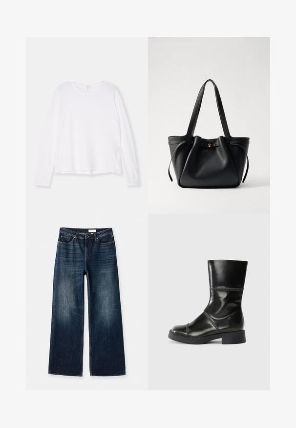 White long-sleeve shirt made of soft fabric, featuring a round neckline, relaxed fit, and side slits at the hem for ease of movement.; Wide-leg jeans made of dark blue denim. Features a faded finish, five-pocket design, and a button closure at the waistband.; Black leather ankle boot with a rounded toe, smooth finish, contrasting stitching, and a block heel, featuring a slightly tapered silhouette.; Black leather tote bag with two long straps, a cinched top, and a gold circular accent. Smooth texture with a minimalist design.