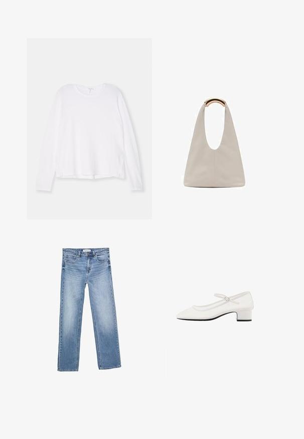 Vit långärmad skjorta i mjukt tyg, med rund halsringning, avslappnad passform och sidspringor i fållen för ökad rörlighet.; Raka ben blålila denim jeans med en blekt tvätt, fem fickor och en klassisk knappgylf. Material i bomull med tydlig sömnad.; Vita lackläders Mary Jane-sko med rund tå, medelhög klack och justerbar rem med silverfärgad spänne.; Ljusgrå läderväska med en U-formad design och ett böjt metallhandtag. Slät textur med minimal sömnad och inga synliga mönster.
