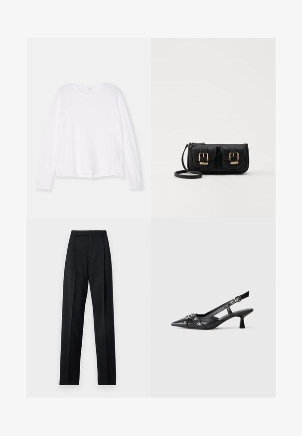 Chemise blanche à manches longues, en tissu doux, avec un col rond, une coupe décontractée et des fentes sur les côtés à l'ourlet pour faciliter les mouvements.; Pantalon noir en tissu lisse avec taille haute, jambes larges, plis à l'avant et passants de ceinture classiques. Pas de poches latérales visibles.; Chaussure slingback en cuir noir avec un bout pointu, des sangles décoratives avec œillets en métal et un petit talon carré. Surface texturée.; Sac en cuir noir porté en travers avec deux poches avant, boucles dorées, fermeture zippée et une sangle fine. Surface texturée et forme rectangulaire compacte.
