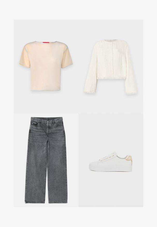Haut à manches courtes, de couleur beige clair avec un col rond. Présente des accents bleus et jaunes le long des manches et de l'ourlet. Tissu lisse et léger.; Veste cropped blanche à manches longues avec une texture verticale subtile et des bords effilochés au niveau des poignets, de l'ourlet et de l'ouverture avant.; Jeans large en denim gris foncé. Comprend une taille haute, un design à cinq poches et une fermeture à bouton à l'avant. Texture lisse avec un léger dégradé.; Baskets blanches avec une finition en daim texturé, semelle plate, œillets dorés et un accent doré au niveau du talon. Design simple et minimaliste.