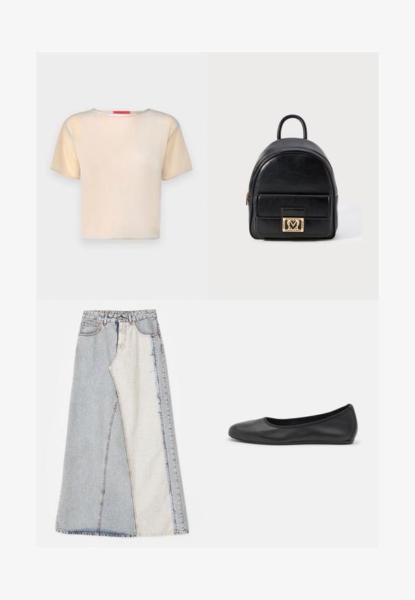 Krátký rukáv, světle béžový top s kulatým výstřihem. Obsahuje modré a žluté akcenty podél rukávů a lemu. Hladká, lehká tkanina.; Džínová sukně s patchwork vzorem obsahující světlé a středně modré části, roztrhané okraje a vysoký pas. Klasický pětikapsový styl.; Černé kožené baletní byty s kulatou špičkou, hladkou texturou, minimálními švy a flexibilním designem podrážky.; Černý kožený mini batoh s přední kapsou na zip a logem Love Moschino v zlatém tónu na bílém pozadí.