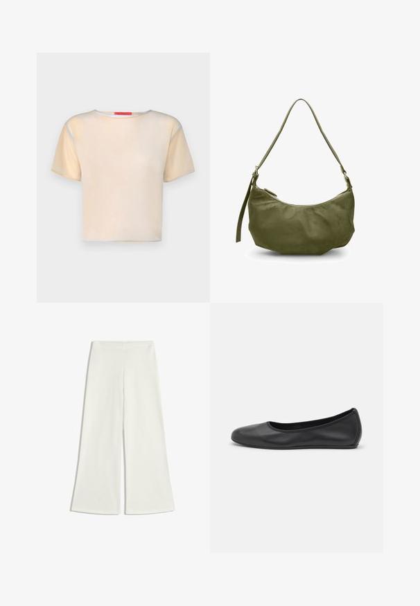 Short-sleeve, light beige top with a round neckline. Features blue and yellow accents along the sleeves and hem. Smooth, lightweight fabric.; White wide-leg trousers made of smooth fabric. They feature a high waistline and no visible seams, creating a clean silhouette.; Black leather ballet flat with a rounded toe, smooth texture, minimal stitching detail, and a flexible sole design.; Olive green leather shoulder bag with a curved shape, zip closure, and adjustable strap. Smooth texture with minimal hardware accents.