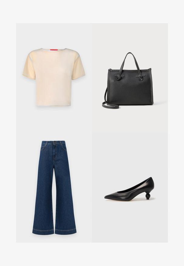Krótki rękaw, jasnobeżowa bluzka z okrągłym dekoltem. Posiada niebieskie i żółte akcenty na rękawach i u dołu. Gładki, lekki materiał.; Szerokie dżinsy w kolorze niebieskim z wysokim stanem, z zapięciem na guzik, szlufkami na pasek oraz subtelnymi detalami stębnowania wzdłuż kieszeni i brzegów.; Czarna skórzana szpilka z ostrym czubkiem i okrągłym, kulistym obcasem. Gładka tekstura z eleganckim, minimalistycznym wzornictwem.; Czarna skórzana torebka o teksturowanym wykończeniu, prostokątnym kształcie, z dwoma górnymi uchwytami i odpinanym paskiem na ramię. Szczegóły w kontrastowym szyciu.