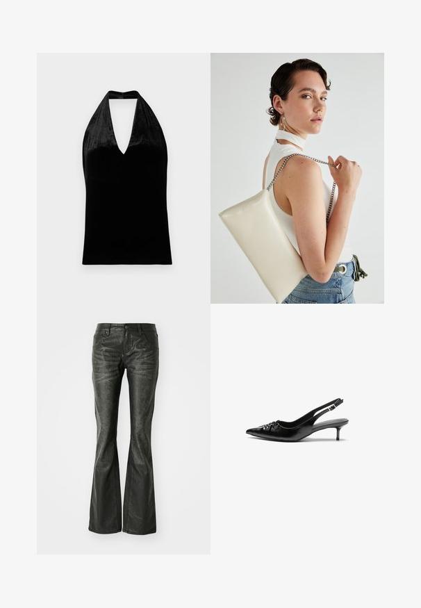 Černý sametový halter top s hlubokým V-výstřihem a širokými ramínky, bez rukávů, s hladkým a jemným povrchem.; Černé kožené zvonové džíny s předními kapsami, kovovým zapínáním a mírně texturovaným povrchem. Rovný střih s dlouhým zakončením.; Černé kožené lodičky na slingback s špičatou špičkou, malým podpatkem typu kitten a ozdobným uzlem na přední straně. Hladký povrch po celém obvodu.; Bílá obdélníková psaníčko vyrobené z lesklého materiálu, se stříbrným řetízkovým popruhem. Modelka pózuje a předvádí tašku na jednobarevném pozadí.