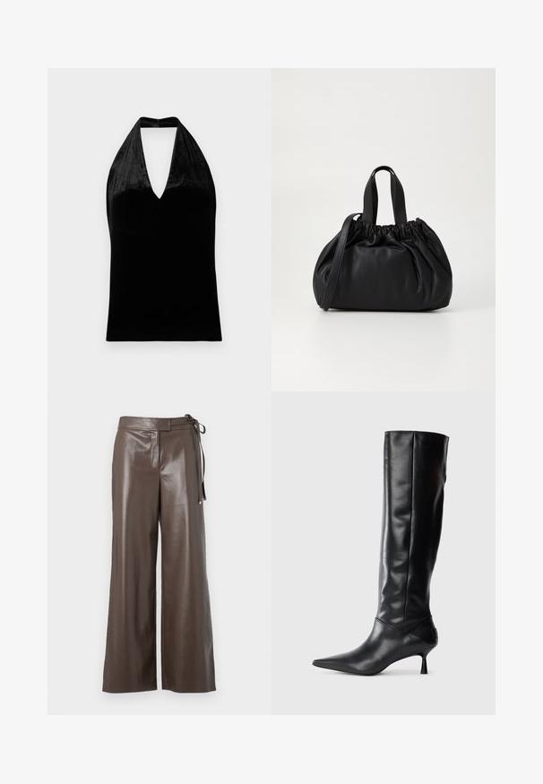 Crni baršunasti halter gornji dio s dubokim V-izrezom i širokim trakama, bez rukava s glatkom, mekanom teksturom.; Smeđe hlače širokih nogavica od umjetne kože s visokim strukom i bočnim vezivanjem na bijeloj pozadini.; Crna kožna čizma do koljena s oštrim vrhom i uskim zakrivljenim petama. Glatka tekstura, prilagođeni dizajn i bez vidljivih dodataka ili uzoraka.; Crna kožna torba s nabranim dizajnom na vrhu, s dva kratka ručka i dugim podesivim remenom. Glatka tekstura, zaobljen oblik.