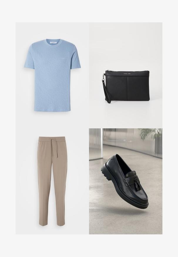 Light blue cotton t-shirt, short sleeves, crew neck, subtle logo on the front, smooth texture, regular fit.; Light beige trousers with an elastic waistband, adjustable drawstring, and tapered legs. Fabric appears smooth with a slight sheen.; Black leather loafers with a smooth finish, decorative tassel, thick rubber sole, and stitched accents. Lightweight and sleek design.; Black synthetic clutch with a zip closure, wrist strap, and a smooth texture. Features subtle stitching and a logo embossed on the front.