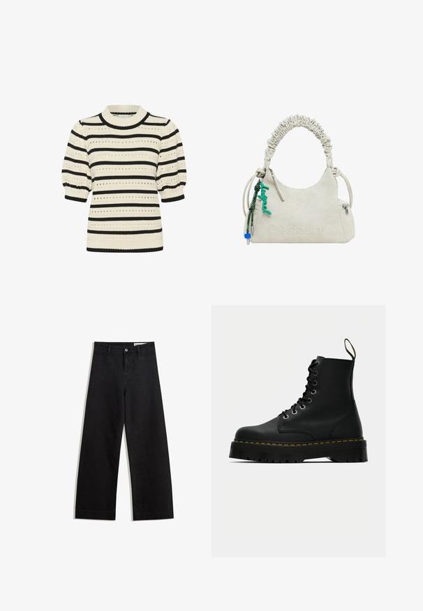 Strickpullover mit cremefarbenen und schwarzen horizontalen Streifen, kurzen Puffärmeln, einem gerippten Kragen und Lochmustern überall.; Schwarze weit geschnittene Jeans mit hoher Taille, ausgestattet mit Vorder- und Hintertaschen, gesteppten Nähten und einem Knopfverschluss. Glatte Textur.; Schwarze Leder-Schnürstiefeletten mit einer dicken, strukturierten Gummisohle und gelben Steppnähten um die Plattform.; Off-white Handtasche aus Kunstleder mit gerafftem Griff, Reißverschlusstasche und grünem Anhänger. Glatte Textur, dezentes geprägtes Logo und elegantes Design.
