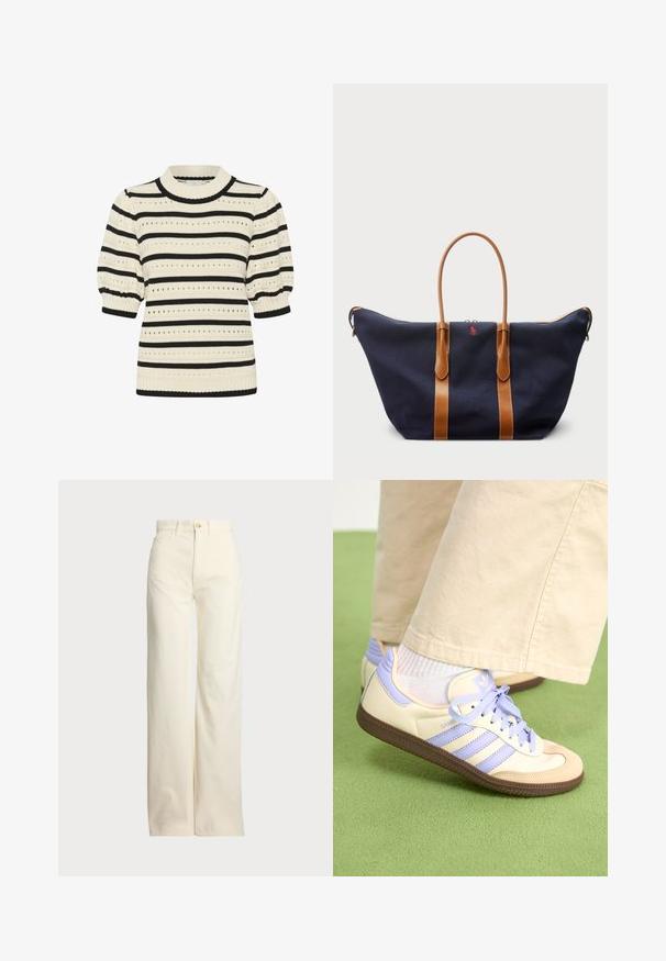 Kootud sviiter, millel on kreemivärvi ja mustad horisontaalsed triibud, lühikesed puhvikesed, ribatatud kaelus ja õhkuvad mustrid üle kogu pinda.; Polo Ralph Lauren COTTON CORDUROY WIDE-LEG PANT - Püksid - warm white; Kreemi ja lavendlivärvi tenniset, millel on kolm triipu ja tekstuuriga pruun tall, varustatud paelte ja pehmendatud kontsaga. Pehme kangast ülemine osa.; Tumesinise kanvasest duffel-kott, millel on pronksist nahk rihmad, lukuga sulgemine ja väike punane logo esiküljel, millel on lai ja avar disain.
