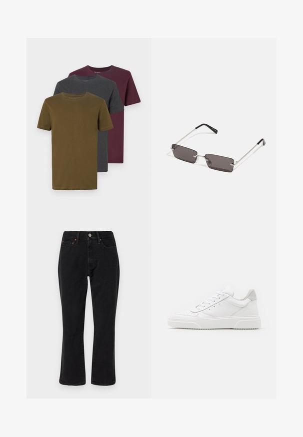 Három rövid ujjú póló: olíva zöld, sötétszürke és burgundi. Mindegyik kör, nyakkivágással és sima, egyszínű textúrával rendelkezik.; Fekete és szürke kockás dzseki, galléros nyakkal, gombos elejével és két mellzsebbel. Texturált anyagból készült.; Fekete farmernadrág egyenes szabású dizájnnal, öt zsebes stílussal és réz árnyalatú fém kiegészítőkkel. Simító textúra és közepes derékmagasság.; Fehér bőr sportcipő sima felülettel, kerek orral, lapos fűzőkkel és textúrált talppal. Szürke velúr díszítés a saroknál.; Napszemüveg téglalap alakú, sötétszürke lencsékkel, ezüstszínű fémkerettel és fekete műanyag végű szárakkal. Könnyű kivitel, orrpárnákkal.