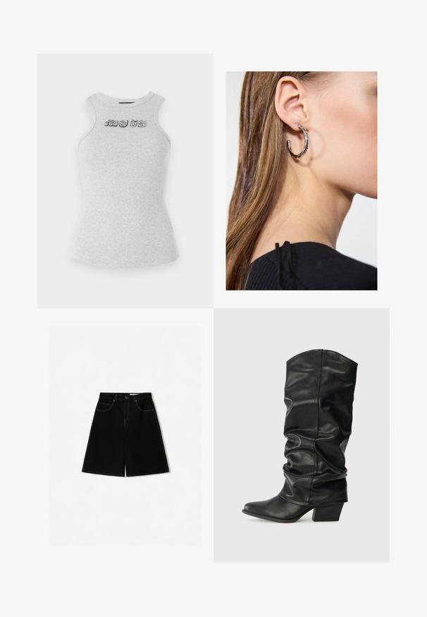 Šedý bezrukávový bavlnený top s ryhovanou textúrou a dekoratívnym napleteným nápisom "MUSE" na hrudi. Priliehavý strih.; Čierne riflové kraťasy s voľným strihom, obsahujúce päť vreciek, žlté švy a stredne vysoký pás.; Čierne kožené čižmy po kolená so sklopeným dizajnom, špicatou špičkou a masívnym opätkom, s hladkým povrchom a minimálnym šitím.; Strieborná kruhová náušnica s lesklým povrchom, obsahujúca malé zlaté akcenty a okrúhly tvar, nosená na lalôčiku ucha.