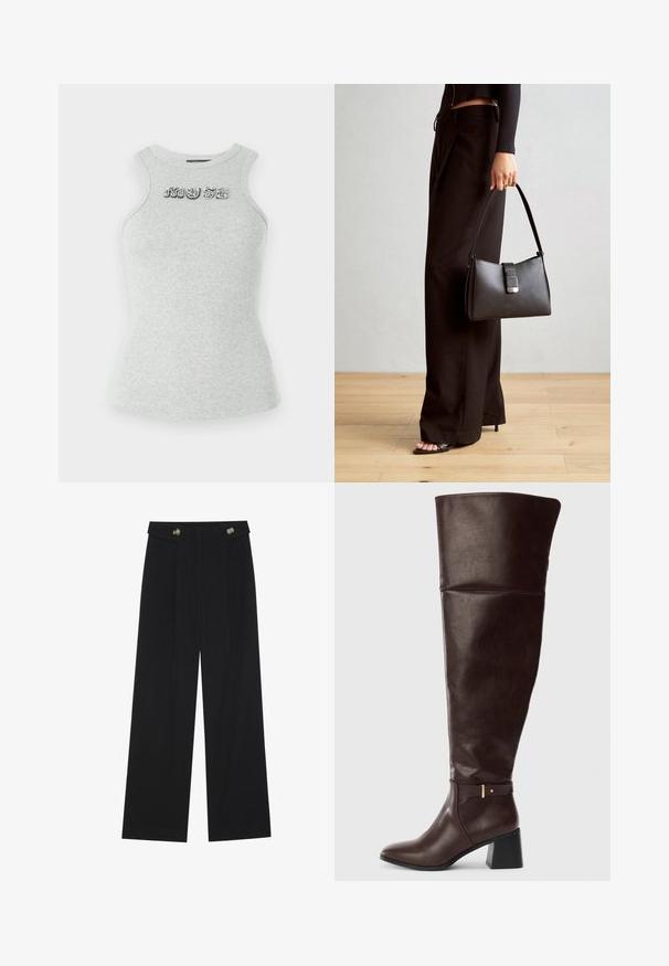 Harmaa ilmanhihoilla varustettu puuvillapaita, jossa on ribbikuvio ja koristeelliset paljettilaatat, jotka kirjottavat "MUSE" rintaan. Istuva malli.; Mustat leveälahkeiset housut, joissa on korkea vyötärö, napit vyötärönauhassa ja etupuolella laskokset.; Tummanruskea polven yli ulottuva nahkasaapas, jossa on paksu korko ja koristeellinen hihnakiinnitys sivussa, esitettynä yksinkertaista vaaleaa taustaa vasten.; Musta käsilaukku, jossa on rakenteellinen muoto, sileä pinta ja metallinen solki. Yhdistetty leveisiin mustiin housuihin ja avonaiheisiin sandaaleihin puulattialla.