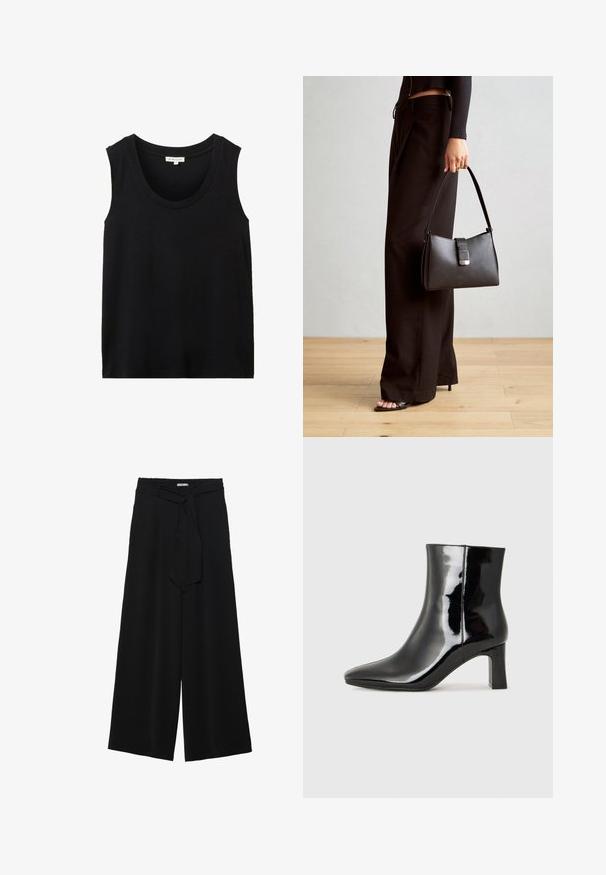 Black sleeveless tank top with a round neckline. Made from a smooth fabric, featuring a relaxed fit and no visible patterns or accents.; Black wide-leg pants featuring a textured fabric, an elastic waistband, and a detachable sash tie at the waist for adjustable fit.; Black patent leather ankle boot with a pointed toe and a mid-height block heel. Smooth texture and minimalist design.; Black handbag with structured shape, smooth texture, and a metallic clasp. Paired with wide black pants and open-toe sandals on wooden floor.