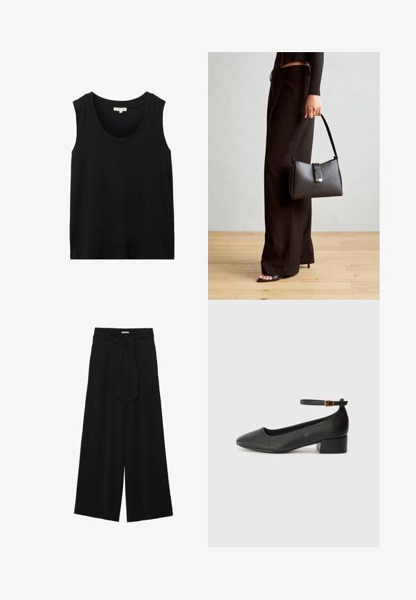 Schwarzes ärmelloses Tanktop mit rundem Ausschnitt. Hergestellt aus einem glatten Stoff, mit einem lockeren Schnitt und ohne sichtbare Muster oder Akzente.; Schwarze weite Hosen aus strukturiertem Stoff, mit elastischem Bund und einem abnehmbaren Bindegürtel in der Taille für eine verstellbare Passform.; Schwarze Lederpumps mit spitzem Zehenbereich und niedrigem Blockabsatz. Mit einem Knöchelriemen und einer goldfarbenen Schnalle. Glatte Textur.; Schwarze Handtasche mit strukturierter Form, glatter Textur und einem metallischen Verschluss. Kombiniert mit weiten schwarzen Hosen und offenen Sandalen auf einem Holzboden.