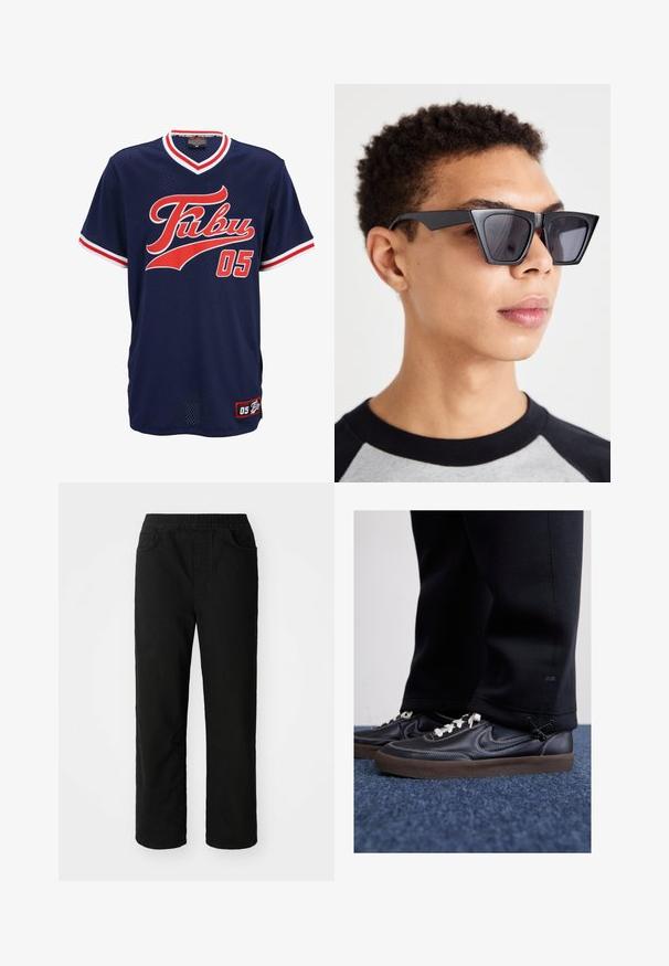 Temno modra mrežasta majica z rdečimi in belimi detajli, s logotipom "Fubu" v krivuljasti pisavi in številko "05" spredaj. Kratki rokavi.; Črne bombažne hlače s sproščenim krojem, elastičnim pasom, dvema sprednjima žepoma in ravnimi nogami. Gladka tekstura brez vidnih vzorcev.; Nike Sportswear KILLSHOT 2 LTR PRM OPP2 - Športni copati - black sail baroque brown mtlc dk grey; Črne angularne sončna očala s temnimi lečami, ki se ponašajo z drznim geometrijskim dizajnom in mat površino. Nosijo jih oseba s kratkimi lasmi.