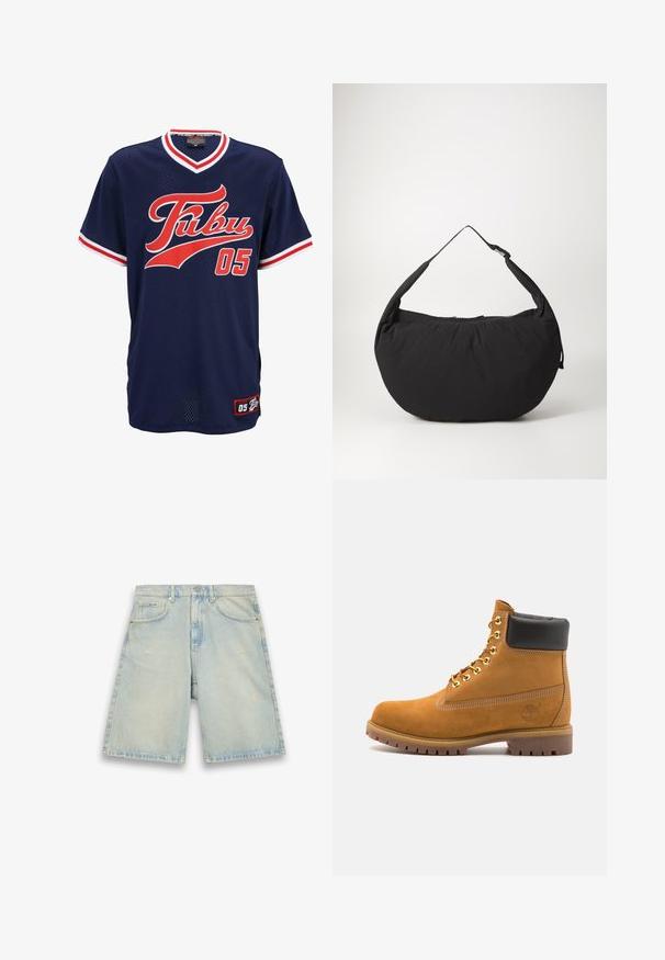 Jersey de malla azul marino con acentos rojos y blancos, que presenta el logotipo "Fubu" en una fuente cursiva y el número "05" en la parte delantera. Mangas cortas.; Pantalones cortos de denim azul claro con un corte holgado, cinco bolsillos, un ligero desgaste y costuras visibles. Cuenta con un cierre de botón y cremallera.; Botín de ante marrón claro con collar acolchado negro, ojales de metal dorado, detalles de costura blanca y suela de goma resistente con tacos pronunciados.; Bolso de hombro de tela negra con forma curva, que presenta una sola correa y un cierre con cremallera. Textura suave, diseño minimalista.