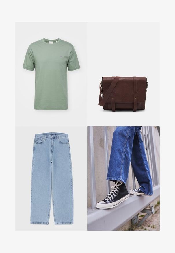 GANT SHIELD - T-shirts basic - dry green; Lyseblå denimjeans med straight leg-design, der har en mid-rise talje, fem lommer og en lukning med knap og lynlås.; Sorte høj-top sneakers med hvid sål og snørebånd, parret med løse blå denimjeans, hvilende på et gråt gelænder.; Brun læder buddeltaske med en flad frontklap, to remme, guld hardware detaljer og en justerbar skulderrem.