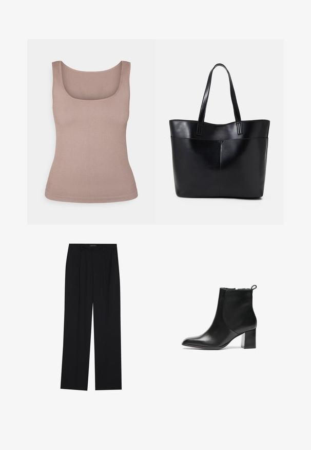 Csíkozott, puha bézs színű ujjatlan top, négyzet alakú kivágással. Az anyaga sima tapintású, és testhez simuló fazonú.; Fekete nadrág egyenes szárú kialakítással, két első zsebbel és derékrésszel. Simának és könnyű anyagból készült.; Fekete bőr bokacsizma kerek orral, közepes magasságú blokk sarkával és hátsó húzófüllel. Sima felület, minimalista kialakítás.; Fekete bőr bevásárlótáska két hosszú fogantyúval, sima felülettel és strukturált formával. Elülső zseb található rajta a plusz tárolás érdekében.