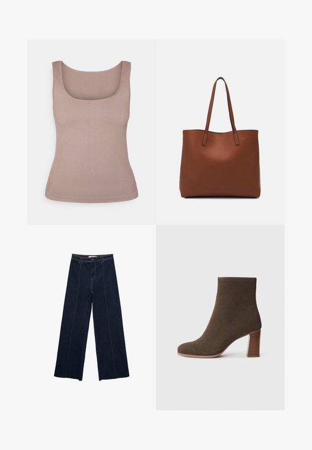 Rebrasti top bez rukava u mekoj bež boji, s kvadratnim izrezom. Materijal ima gladak teksturu i prilagođen oblik.; Hlače od tamnog jeansa s širokim nogavicama, kontrastnim šavovima, visokim strukom i ravnim krojem. Imaju prednje džepove i klasično zatvaranje na gumb.; Smeđi nubuk čizme do gležnja s okruglim vrhom i složenim, teksturiranim potplatom. Glatka vanjština bez vidljivih kopčanja ili ukrasa.; Smeđa kožna torba preko ramena s glatkom teksturom, otvorenim vrhom i dvjema naramenicama. Ima minimalne šavove i nema vidljivog hardvera.